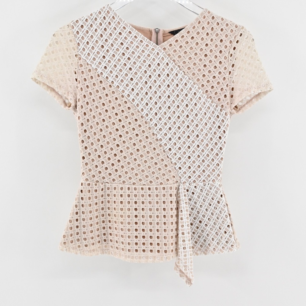 BCBGMaxazria Womens Kaleigh Peplum Lace‎ Eyelet Top Size XS Blouse Cream White